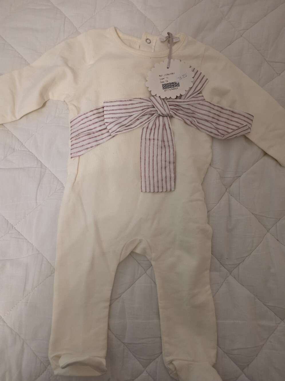 Mayoral Cream Footie with Pink-Striped Bow Accent